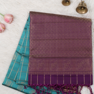 Teal Blue Checked Silk Saree with Purple Elephant Zari Border