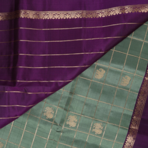 Sage Green Checked Silk Saree with Purple Elephant Zari Border
