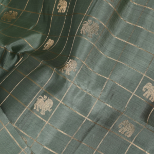 Sage Green Checked Silk Saree with Purple Elephant Zari Border