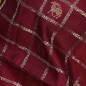 Maroon Checked Silk Saree with Deer and Horse Zari Buttas