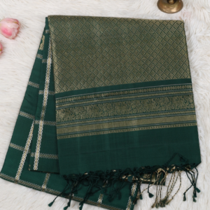 Bottle Green Checked Silk Saree with Deer and Horse Zari Buttas