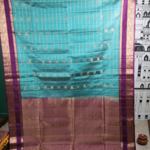 Teal Blue Checked Silk Saree with Purple Elephant Zari Border