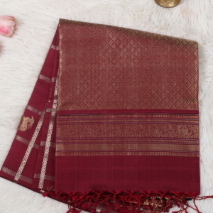 Maroon Checked Silk Saree with Deer and Horse Zari Buttas