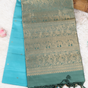 Sky Blue Silk Saree with Bottle Green Peacock Zari Border