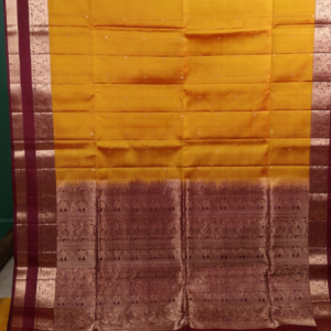 Mustard Yellow Silk Saree with Maroon Peacock Zari Border