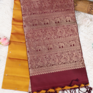 Mustard Yellow Silk Saree with Maroon Peacock Zari Border